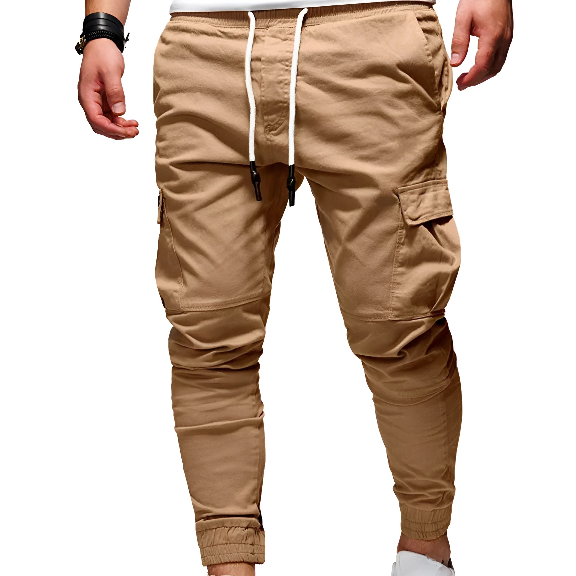Tethered elastic baggy jogging pants in black, polyester, drawstring waist, sizes S to 4XL