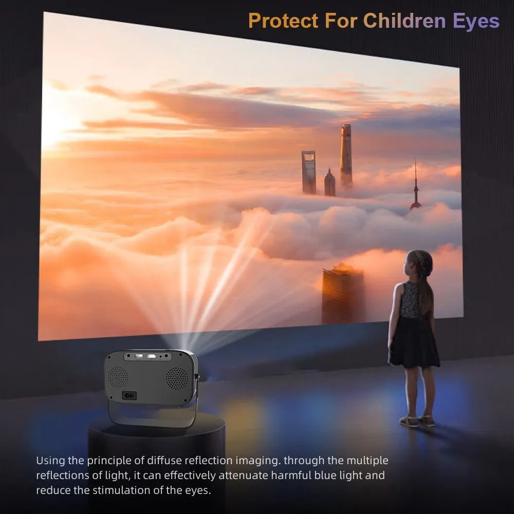 Black portable smart projector with remote control showing 1280x720 HD resolution and Android interface