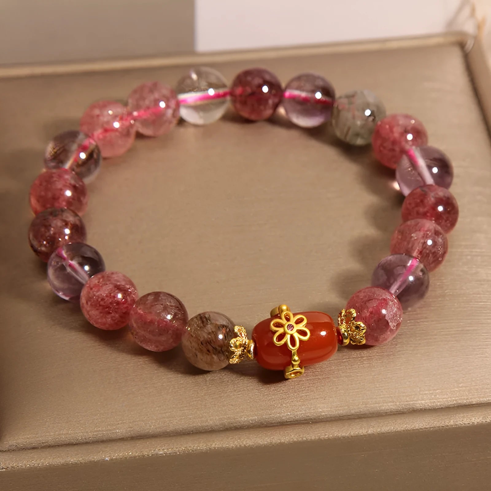 Natural Super Seven crystal bracelet with white beads and red agate accents in cartoon style