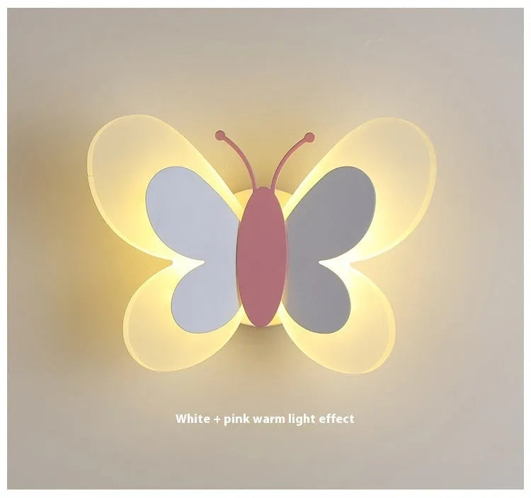 Butterfly-shaped acrylic children's wall lamp in pink and white, 240x170x105mm, with tri colour dimming option