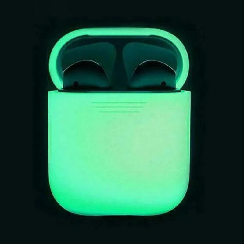Luminous blue silicone flip-open protective case for Apple AirPods charging case on a dark background.
