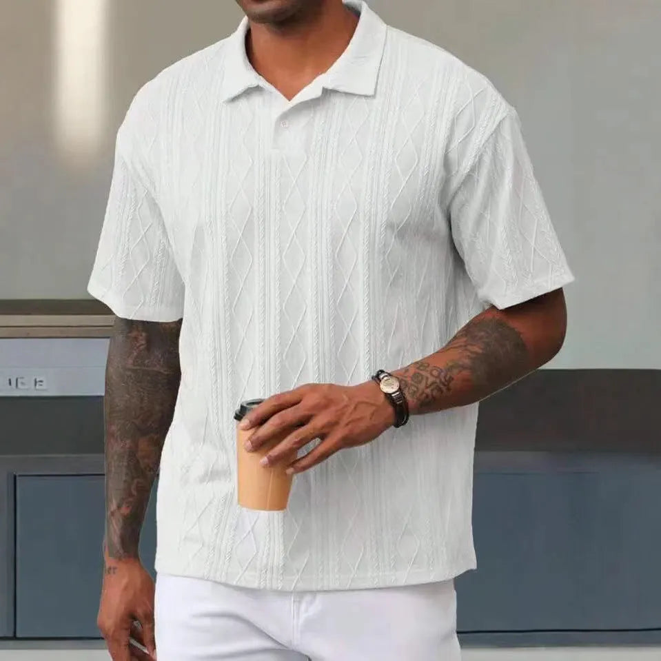 Men's short sleeve t-shirt with a retro button lapel detail and slit hem, in a solid colour.
