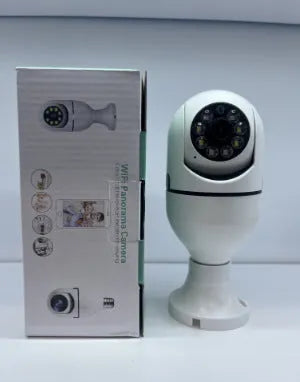 White wireless wifi bulb security camera with lens, showing 5cm diameter and 12cm height.