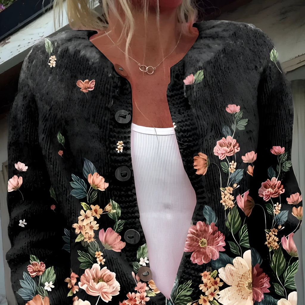 Women's digital printing cardigan coat in polyester fabric showing pattern detail and cardigan style
