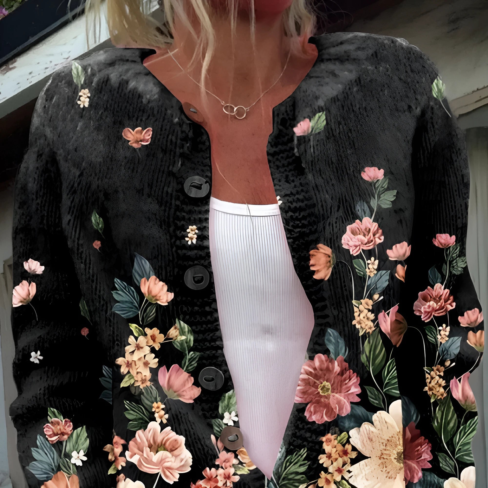 Women's digital printing cardigan coat in polyester fabric showing pattern detail and cardigan style