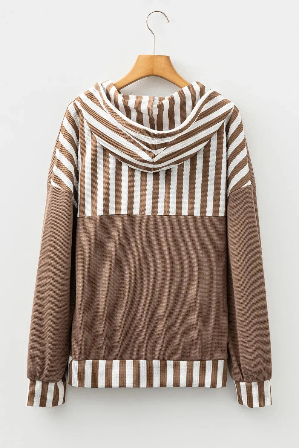 Straw yellow striped patchwork hoodie with waffle texture, button neck, and drawstring waist.