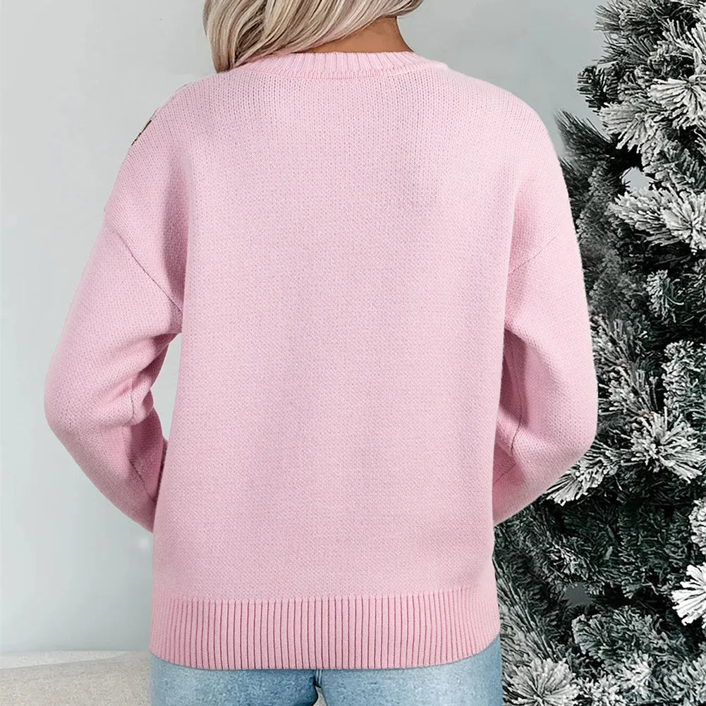 Women's pink acrylic loose slimming sweater with round neck and long sleeves for spring