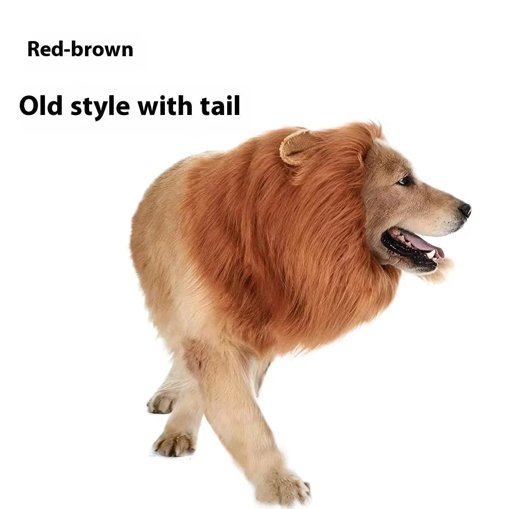 Pet dog wearing lion head cover costume with realistic fur in choice of black, light brown or red brown colours