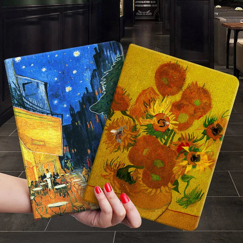Handmade liquid silicone iPad flip case with floral oil painting design in Apricot Flower colour