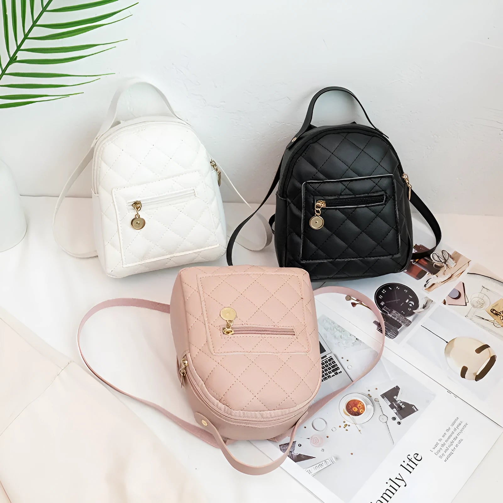 Hard square Korean-style embroidered backpack for girls in black, pink, or white.