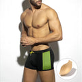 Men's polka dot print quick-dry swimming boxers in yellow, black, and dark blue.