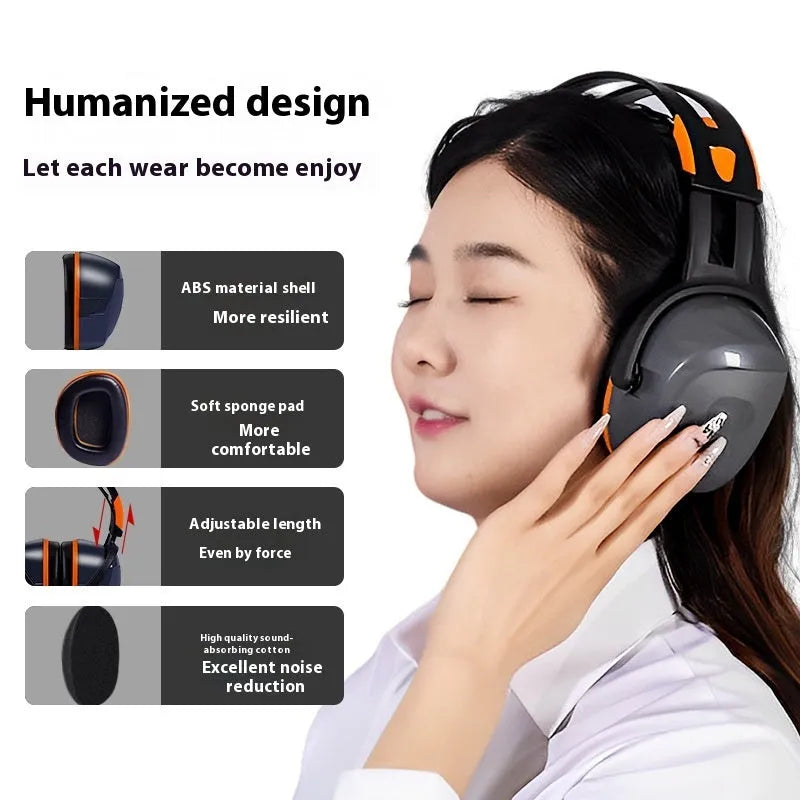 Head mounted noise reduction earmuffs in black ABS material, model Orange Gray