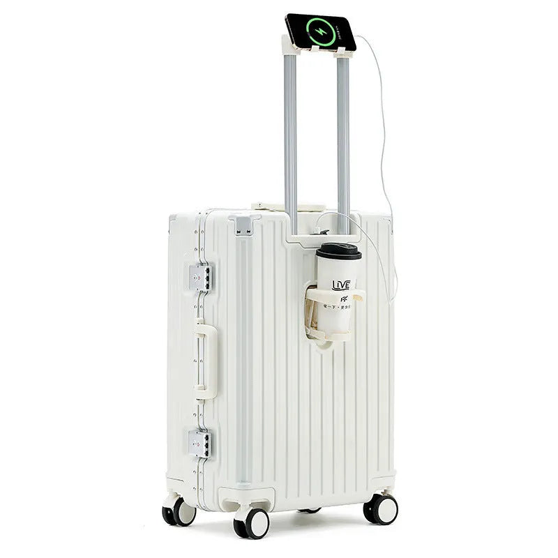 Hard shell aluminium frame luggage in avocado green with USB port and universal wheels.