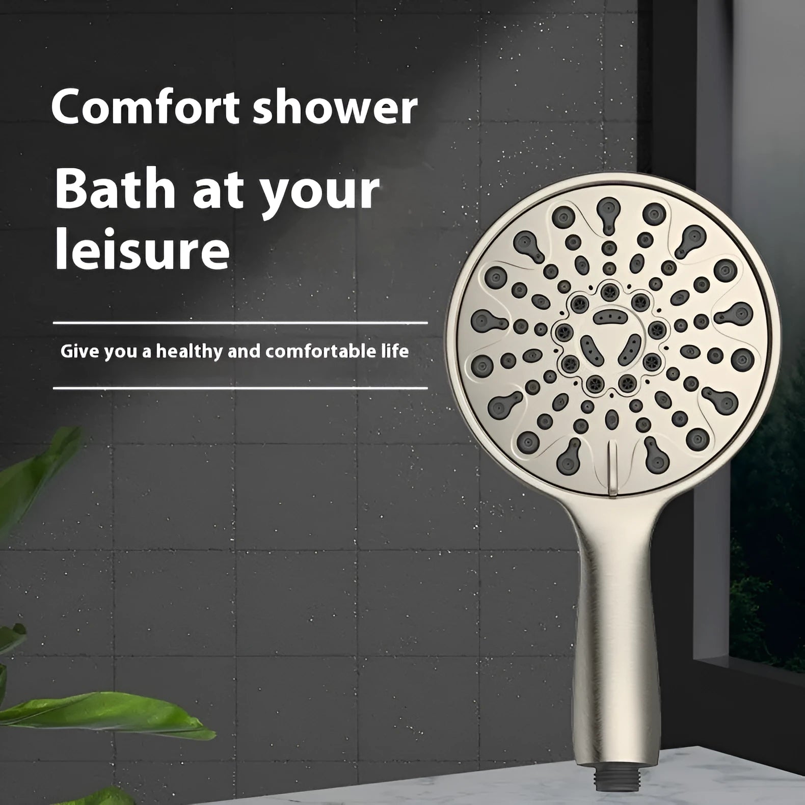 Silver electroplated handheld shower head with massage, bubble, and rain spray settings.