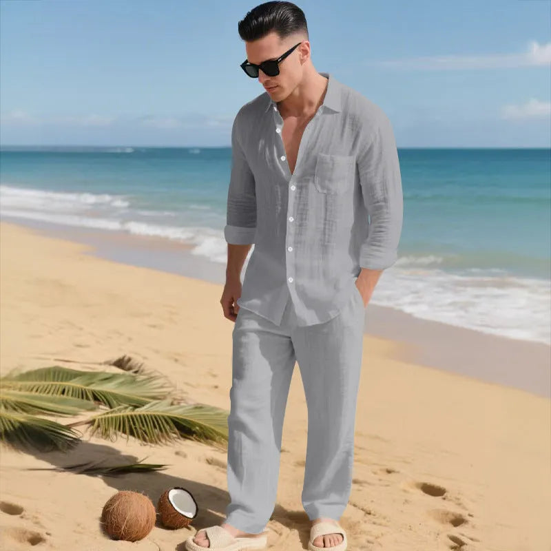 Beach Leisure linen blend casual shirt and pants set in khaki, loose collar long sleeves, autumn wear