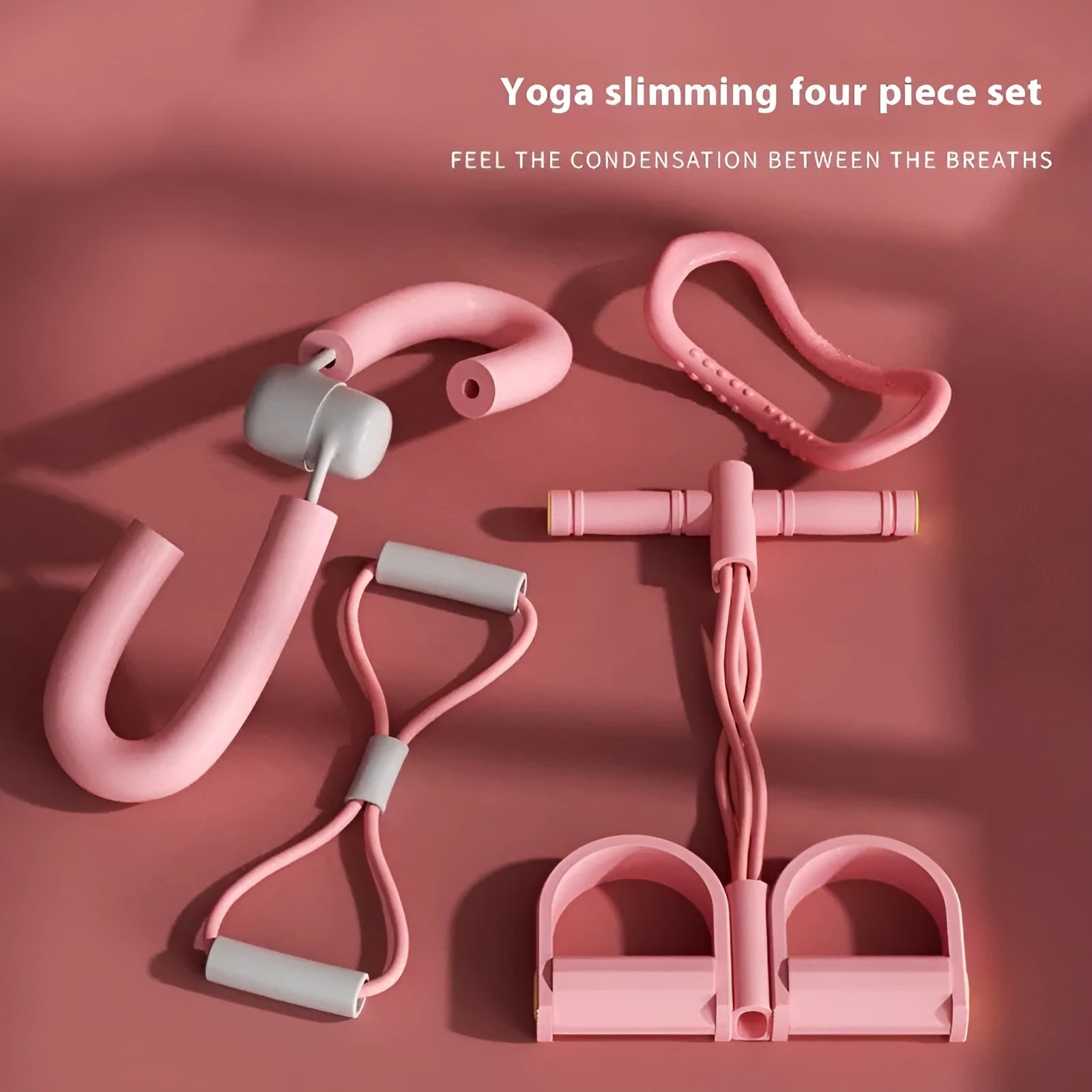 Yoga four piece fitness set showing leg stretcher, yoga ring, pedal device, and resistance ropes.