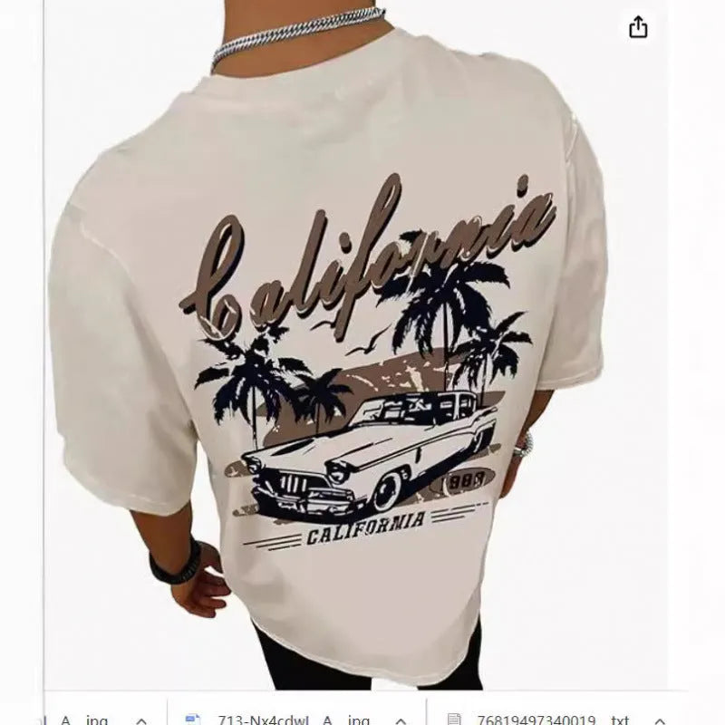 Men's short-sleeved casual T-shirt with a digital printed pattern, made from polyester fabric.