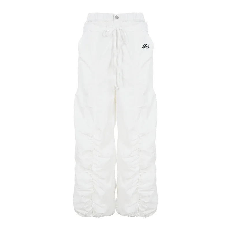 White high waist multi-pocket trousers with ruffle drawstring and lace letter embroidery for women