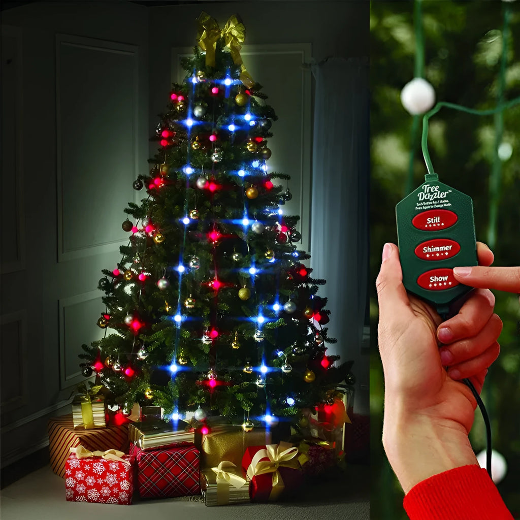 A 1.8 metre long string of 64 colourful LED Christmas lights wrapped around a green tree.