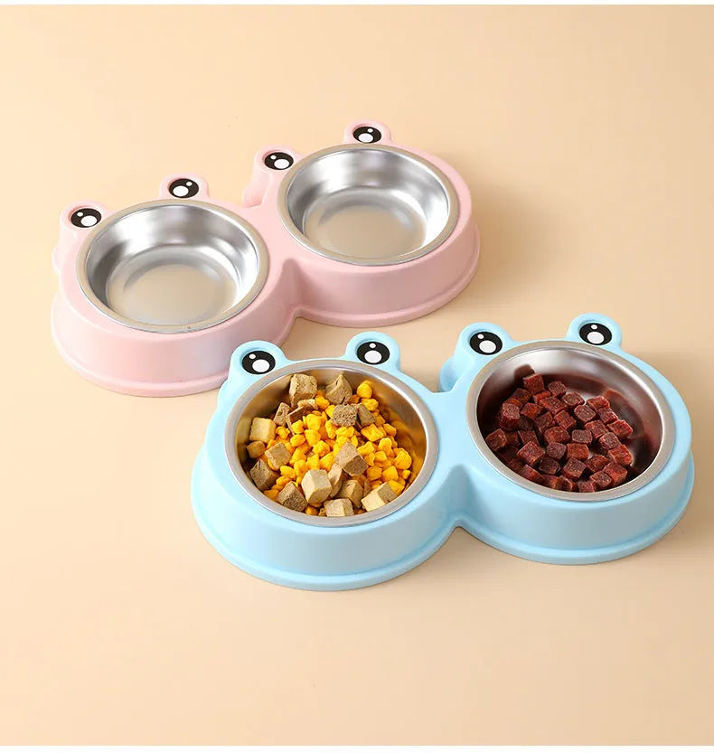 Stainless steel pet double bowl with frog design for separate food and water compartments