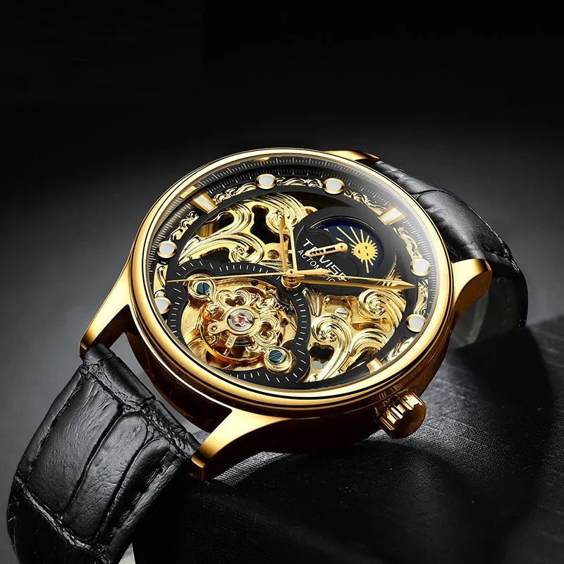 Men's gold leather automatic waterproof wristwatch showing business style and 16mm thickness.