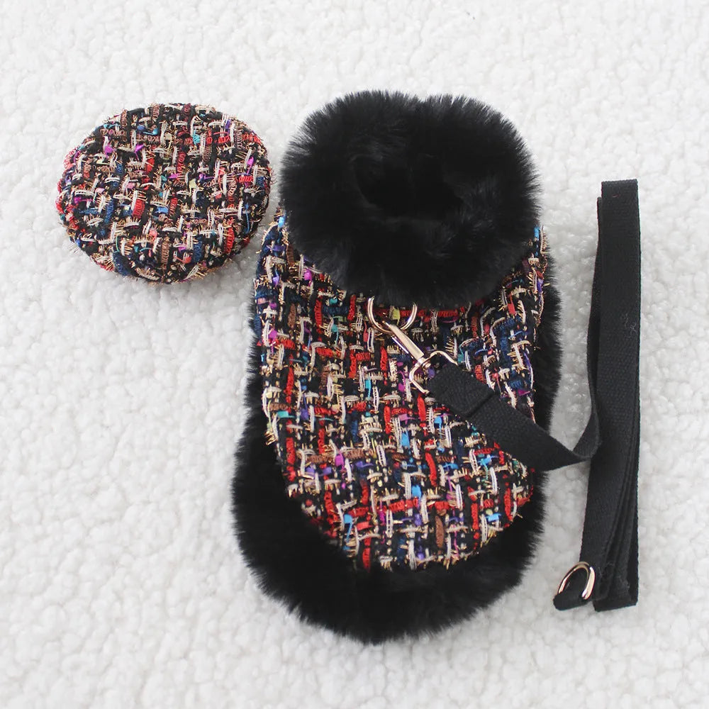 Classic cloth dog cloak attached to a chest harness with a hand-held traction rope lead.