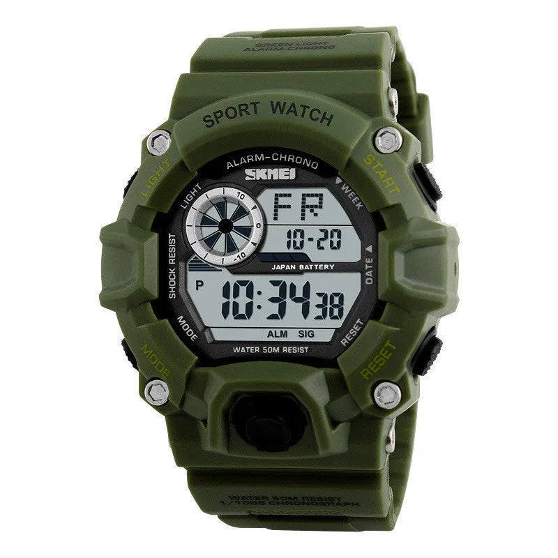 Camouflage green waterproof electronic sports watch with round dial and plastic strap on wrist.