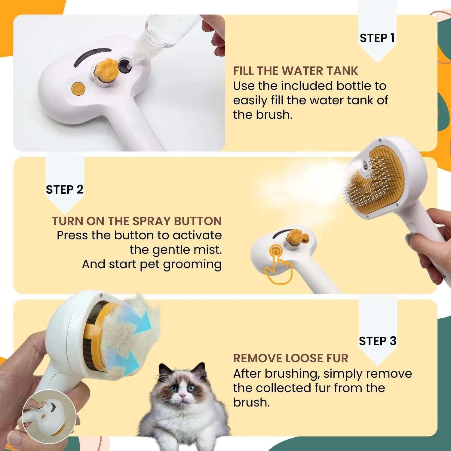 White pet grooming brush with water spray and steam function for dogs and cats