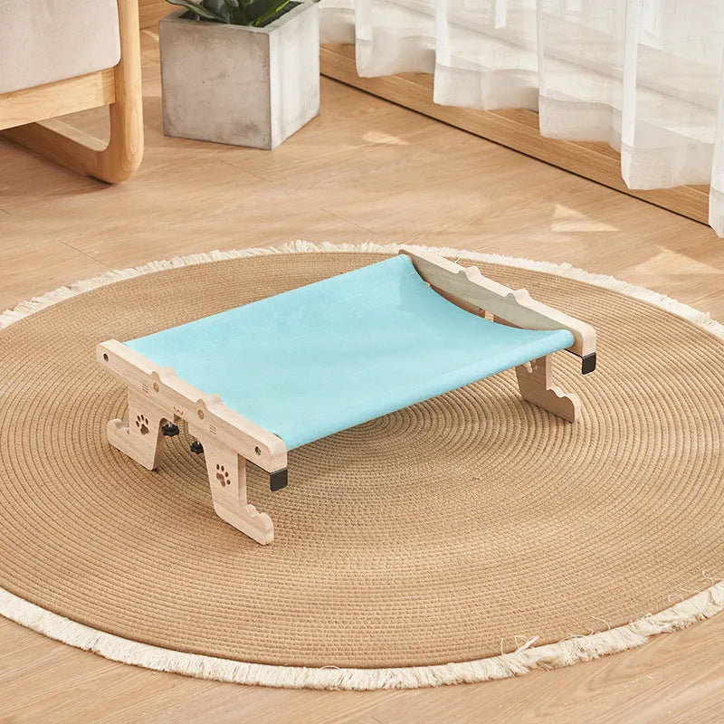 Wooden frame cat hanging hammock bed installed on a window, suitable for cats and small dogs.