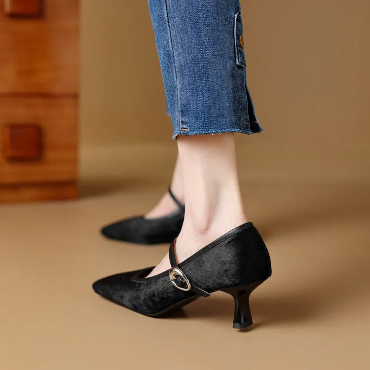Black women's square toe stiletto ankle-strap heels with horse hair upper and buckle closure.