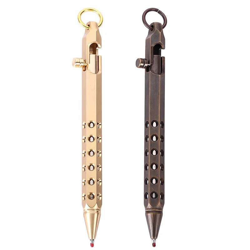 Solid brass hexagonal bolt roller pen with a 0.5mm tip shown in natural brass colour.