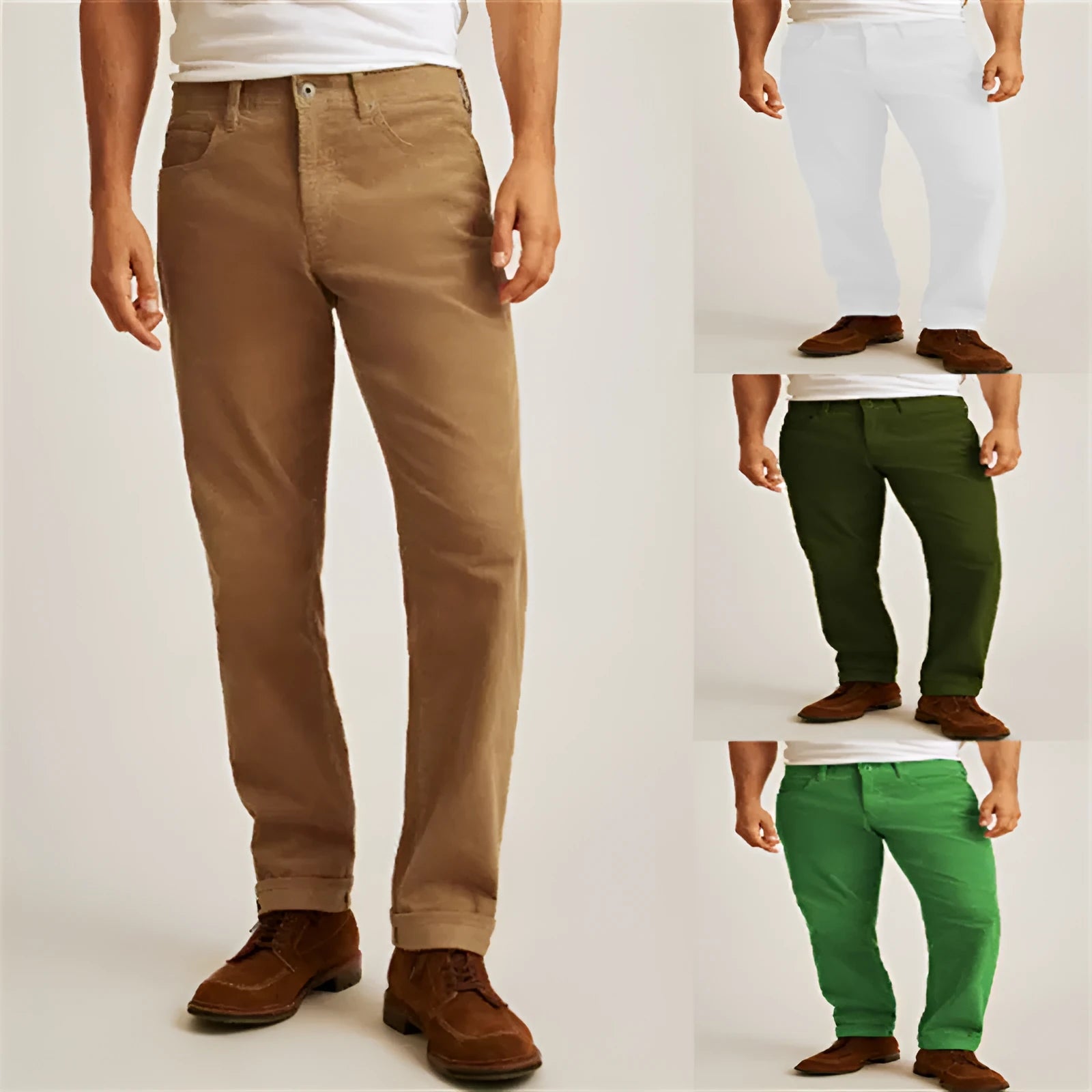 Straight-leg corduroy trousers in a loose casual fit on a mid-waist, shown in army green colour.