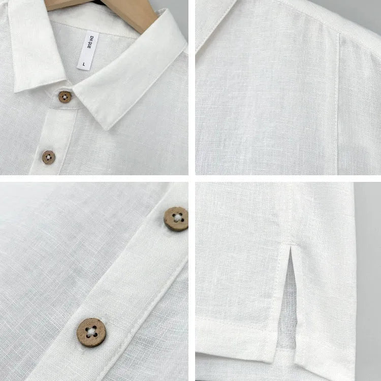 Men's short-sleeve linen top in gray green with thin lapels and a loose, relaxed fit on a hanger.