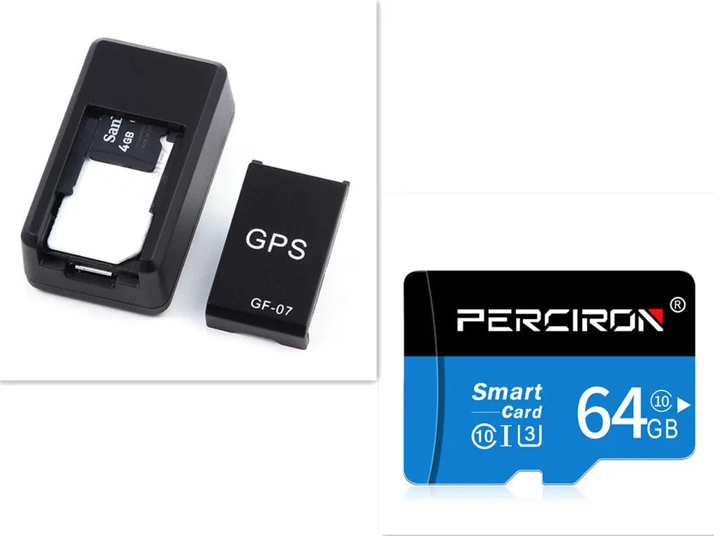 Small black magnetic GPS car tracker with USB charging cable on a metal surface.