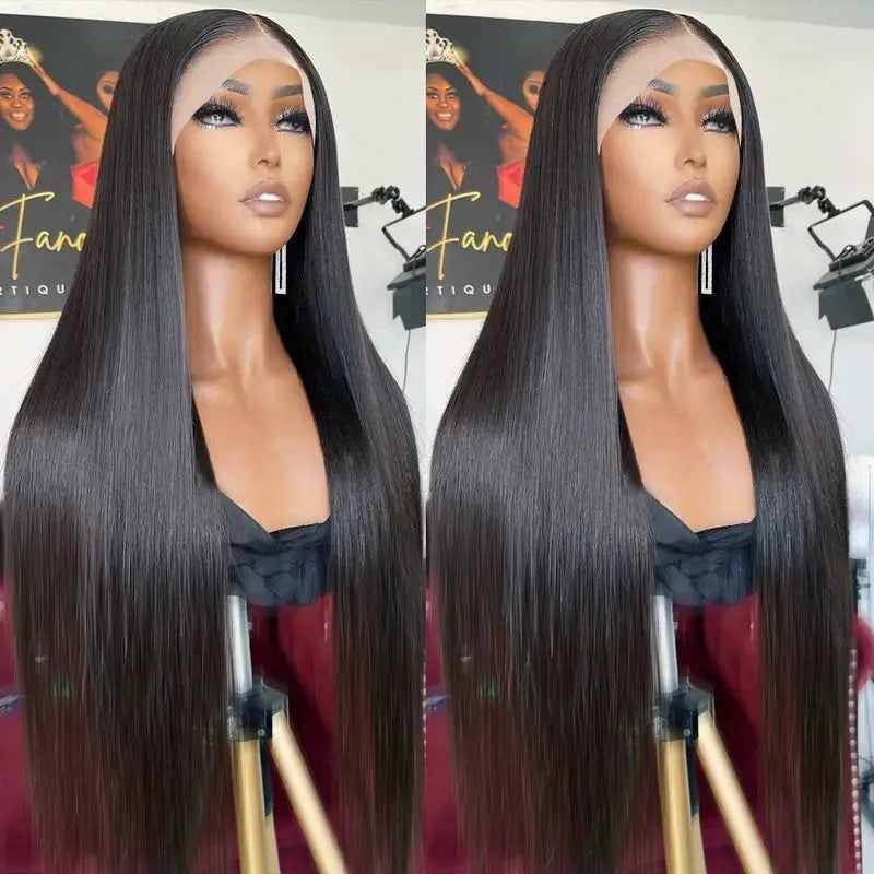 Front lace mid-length straight wig with side bangs in high-temperature fibre, shown in wine red colour.