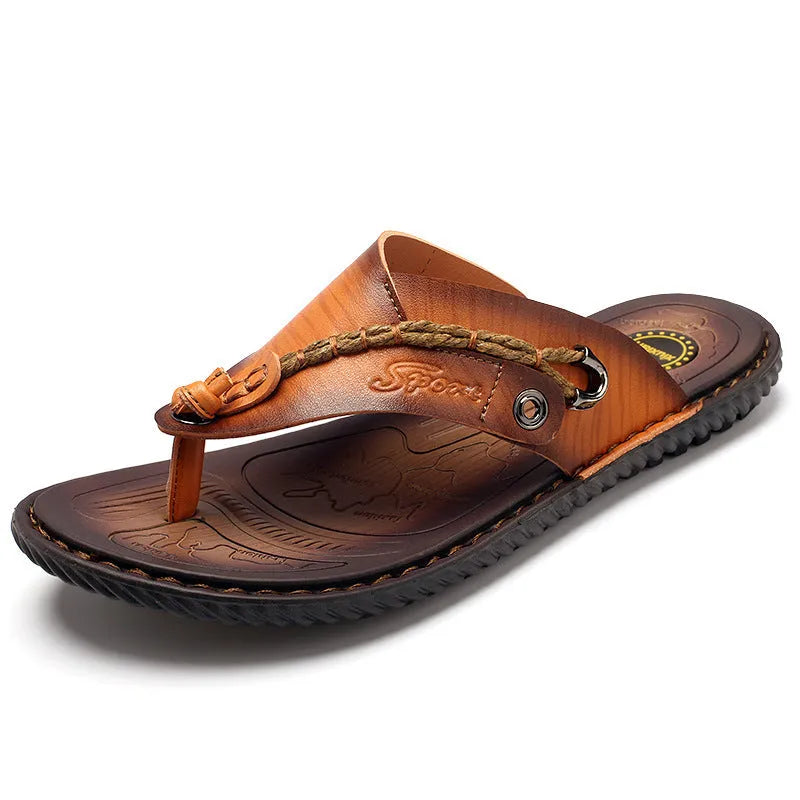 Men's dark blue herringbone pattern outdoor slippers with a rubber sole and leather lining.