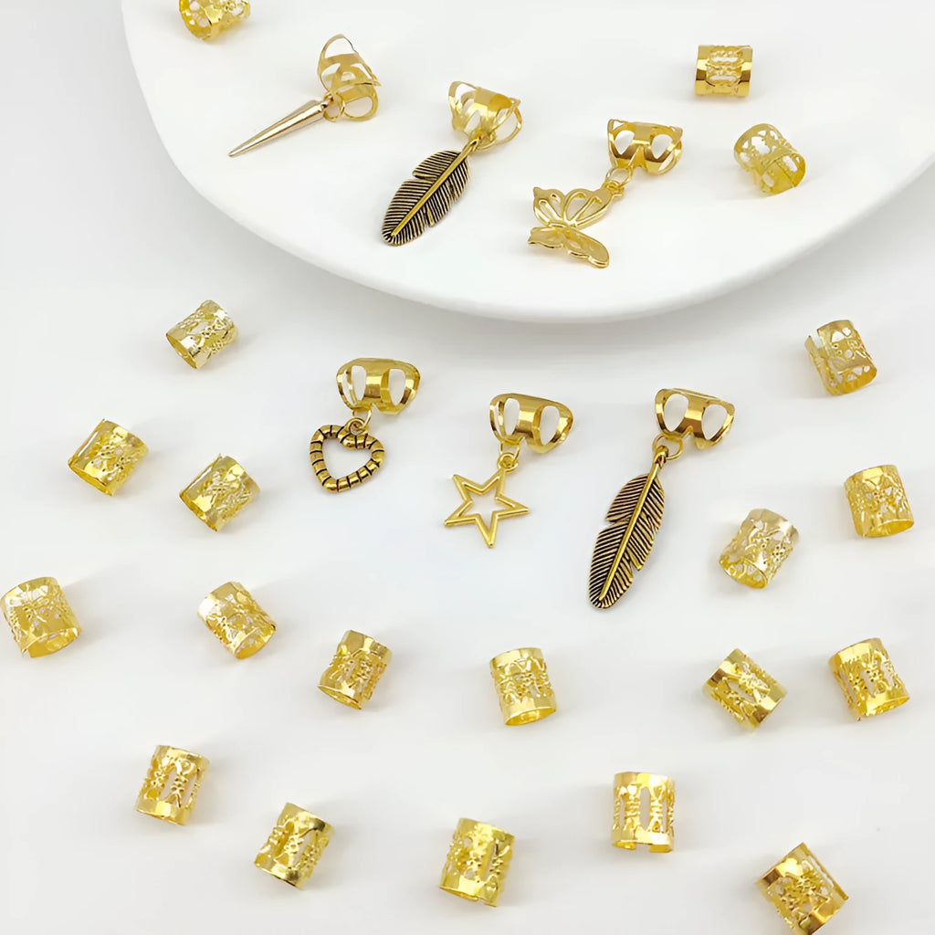 Pack of gold antique-style alloy hair rings with leaves design for braids.