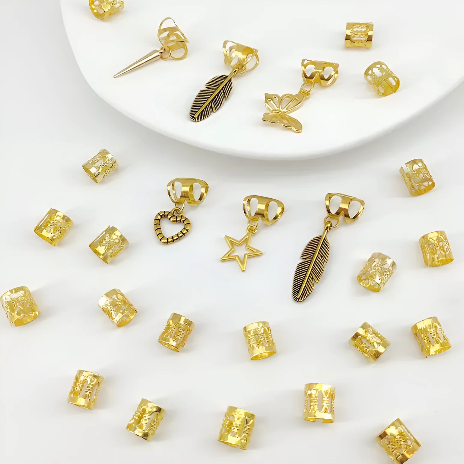 Pack of gold antique-style alloy hair rings with leaves design for braids.
