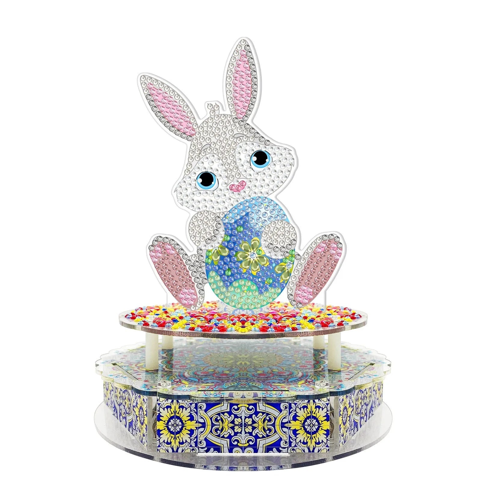 DIY diamond painting music box craft kit components including PVC plates, music movement, and LED string lights