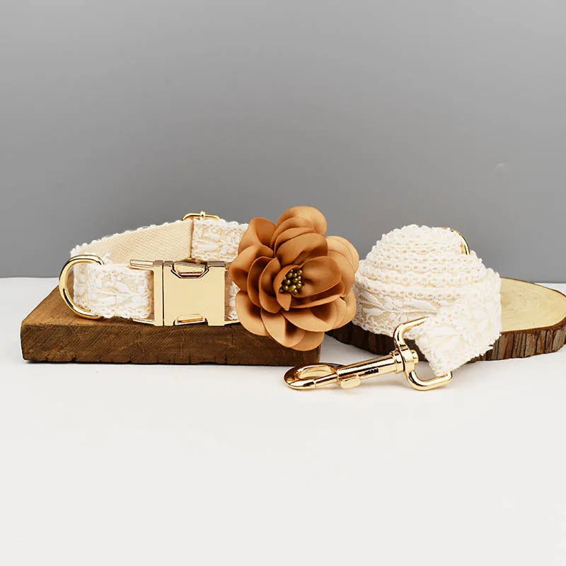 Polyester dog wedding vest collar set with matching leash and flower band in lace trim