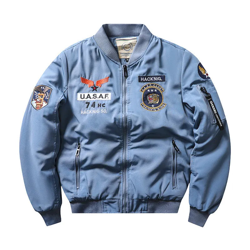 A man's slim-fit black retro motorcycle jacket with a stand collar, embroidery detail, and patch pockets.