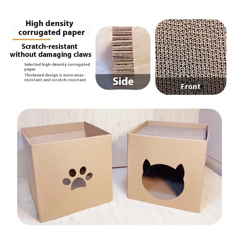 Cubic corrugated paper cat scratch board in Pet Milk Carton colour, 30cm on each side.