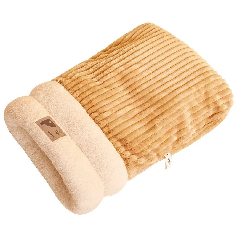 Brown semi-enclosed lambswool pet sleeping bag for cats on a wooden floor.