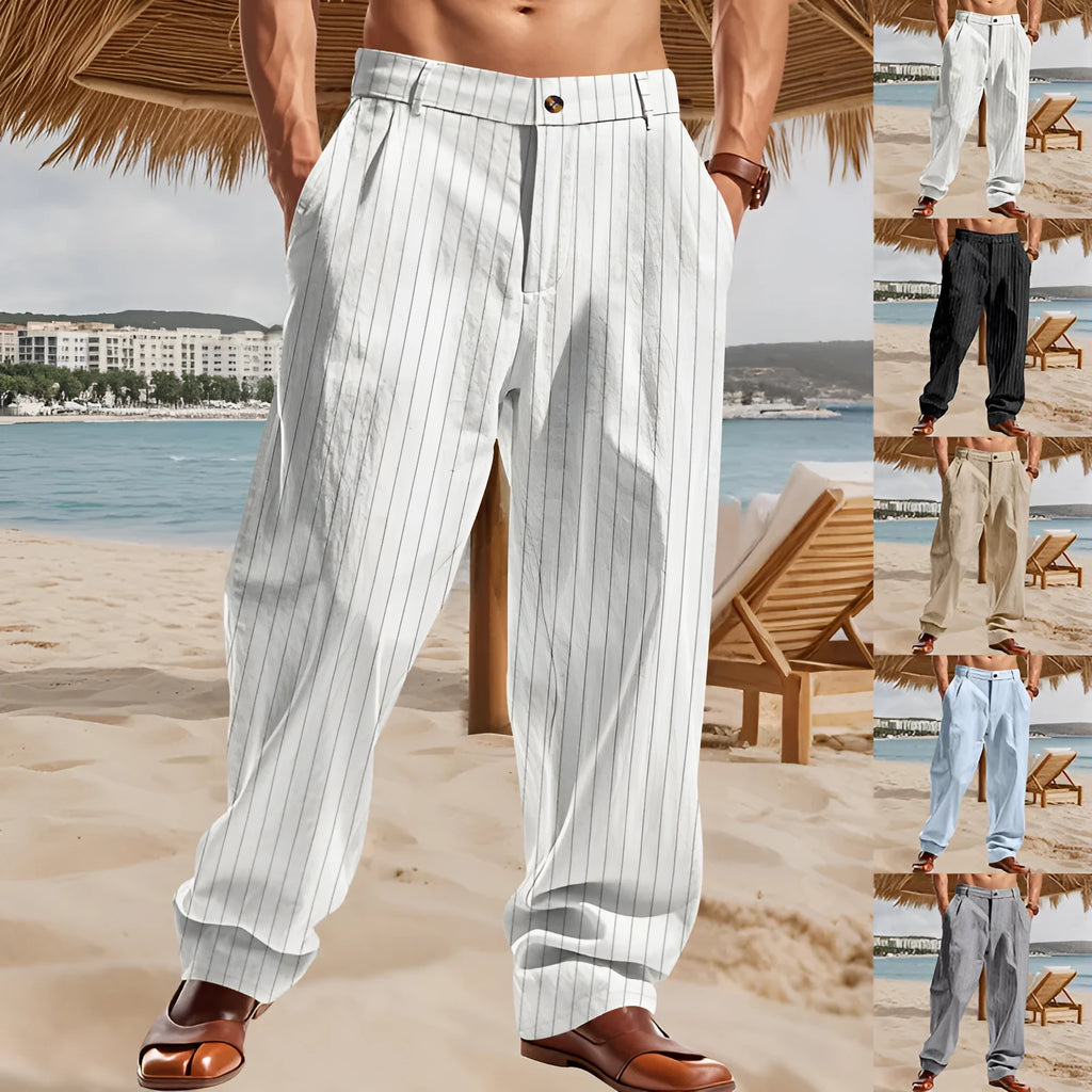 Linen striped high waist wide leg casual trousers shown in available colour options