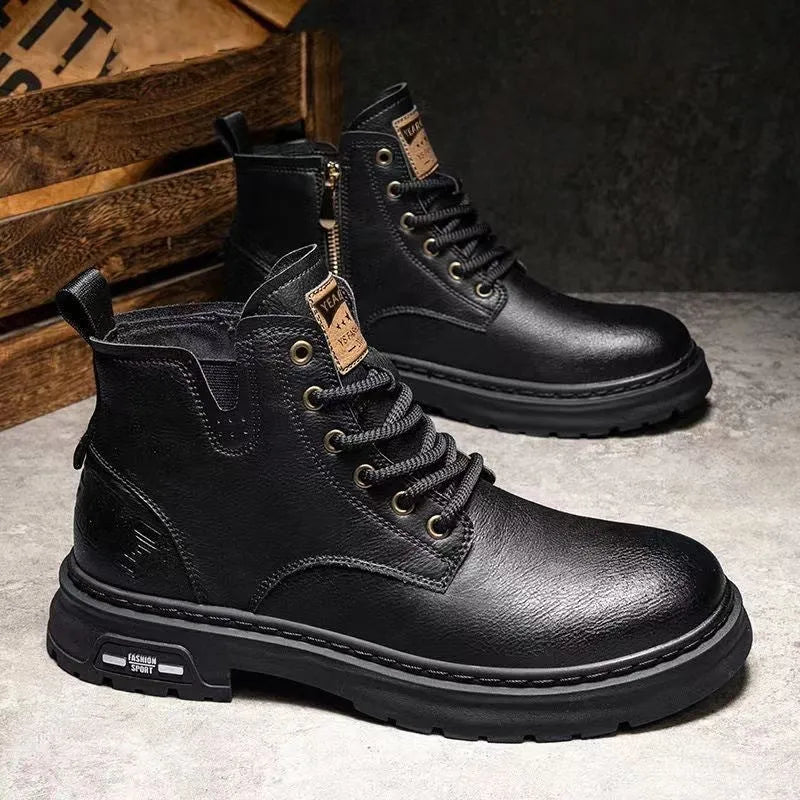 Retro British style men's ankle boots with round toe, solid colour, artificial PU upper, in black
