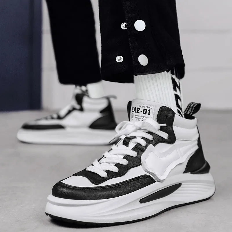 Men's black and white platform high-top board shoes with round toe and PU leather upper