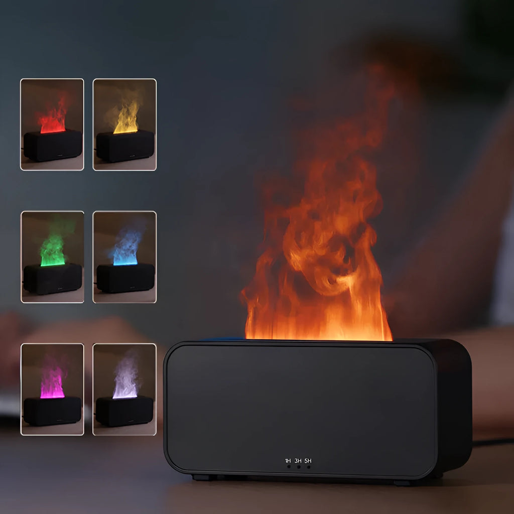 White and black USB aromatherapy diffuser with simulated flame and jellyfish smoke ring effects
