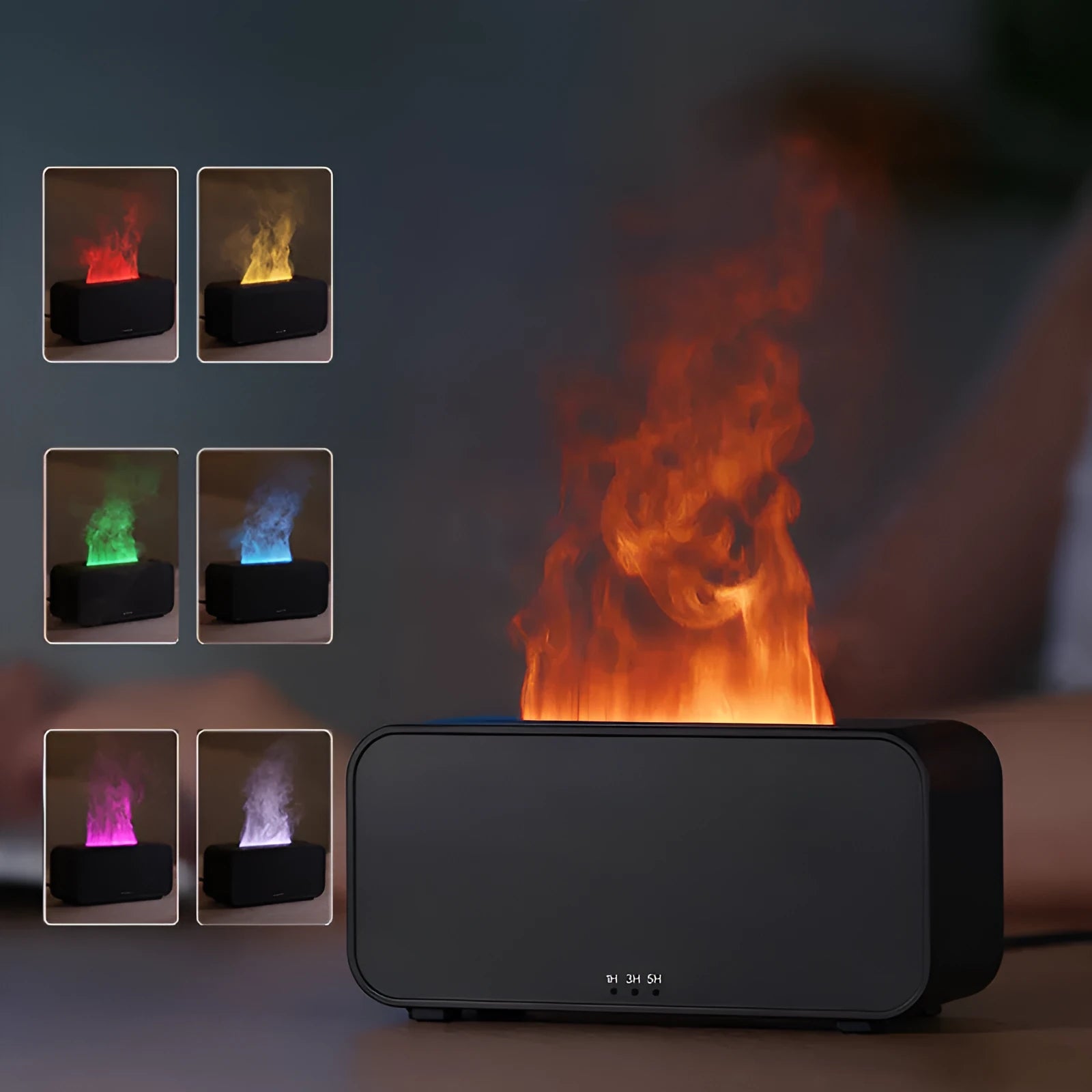 White and black USB aromatherapy diffuser with simulated flame and jellyfish smoke ring effects