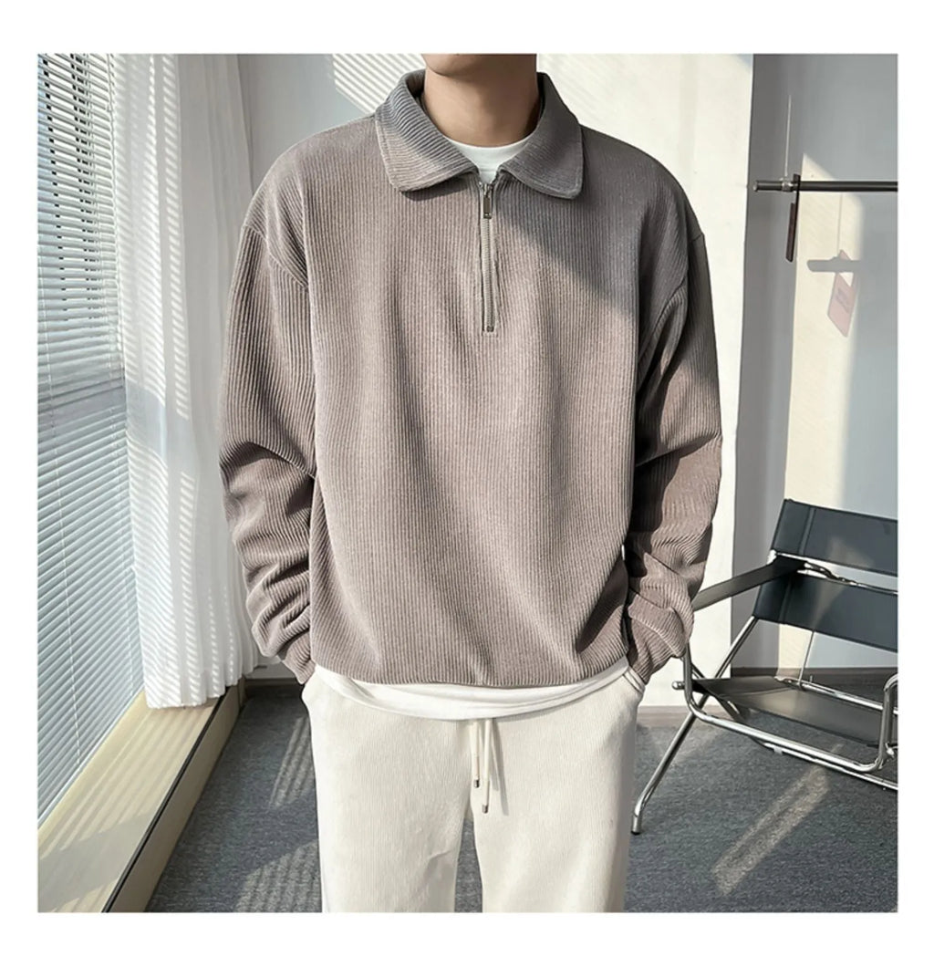 Men's half zip polo sweater striped thin coat pullover long sleeve polyester fibre