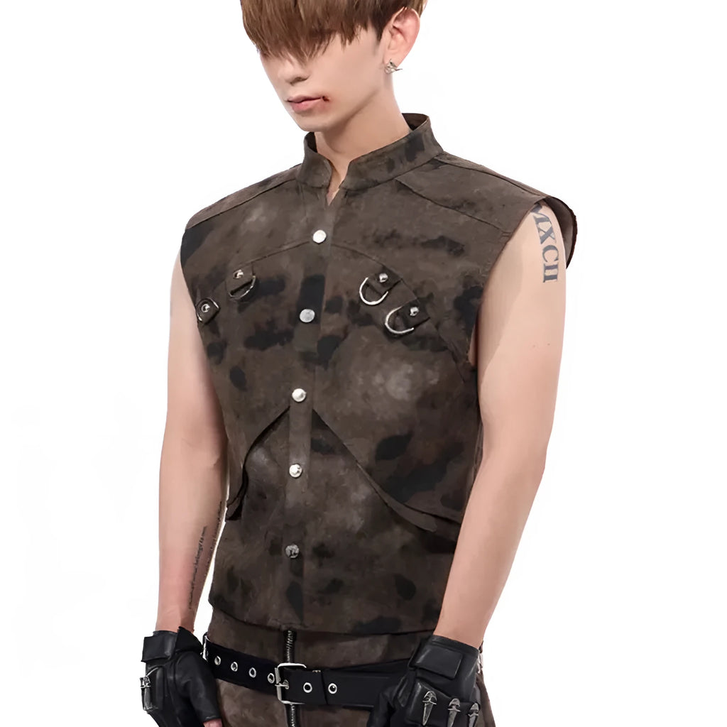 Camouflage pattern denim vest and trouser set with semi-high collar and single button front